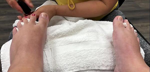  Chubby Slut gets a pedicure and gives a footjob